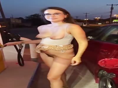 Naked housewife at petrol station