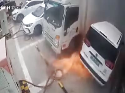Electric vehicle bursts into flames whilst charging.