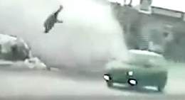 A spectacular somersault of a pedestrian after a car crash