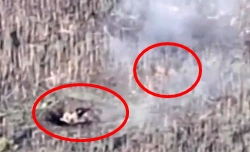 Three ORCs crossing a field a Ukraine and coming under fire