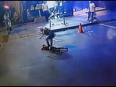 Victim trampled on the head by a huge man