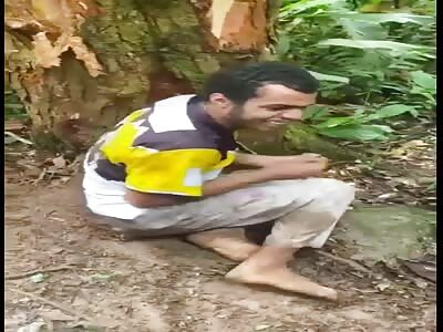 Thief punished by drug dealers in a dense forest