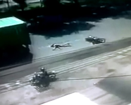 Camera catches the Moment Man is Run Over by Truck Tires 