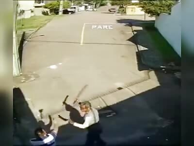 Father attacks son with very blunt machete.