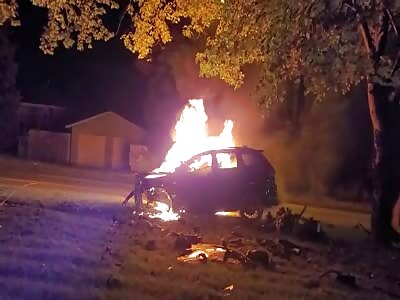 Guy burns to death in his own car after plowing into a tree