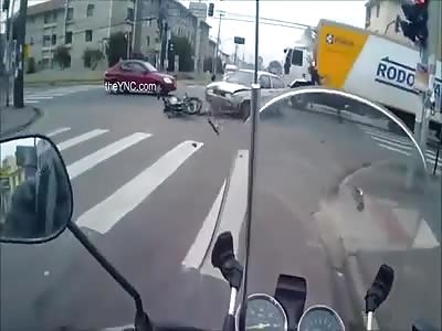 Motorcyclist Clashes With Car And Flies Through The Air