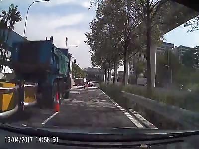 Car completely crushed by trailer truck in Tuas tunnel Singapore