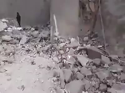 Shows the aftermath of air strikes