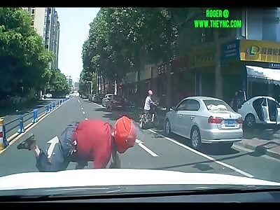 Car crashed into a Man on his motorcycle in Meishan City