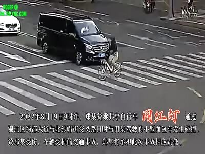 Zheng on her bicycle was knocked down by a minivan in Chengdu