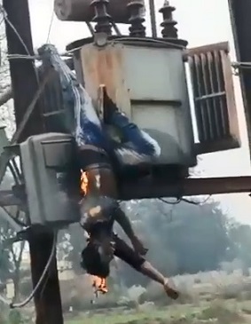 Suicide by Electrocution, Man Holds Metal Pipe on Transformer Box 