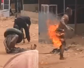 An Apprehended Armed Robber Set Ablaze by Awka Local Vigilante In Nigeria