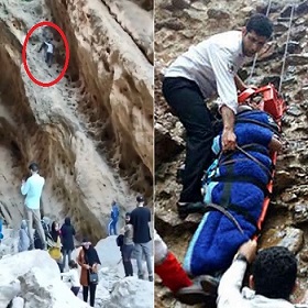 Crowd Watch Tourist Falls Off the Cliff In Ilam Province , Iran. 