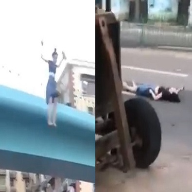 Crazy Chick Dives From Overpass In China