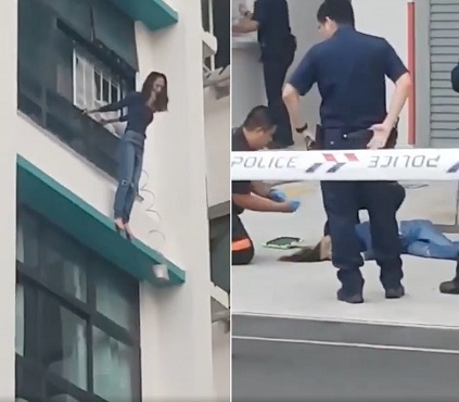 Lady Dangles Off 5th Floor Window, then Jumps Down Before Safety Life Air Pack Set Up 