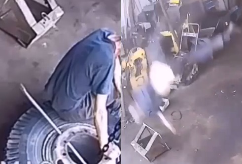 Tire Explosion Sends Worker Flying 