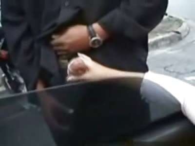 Two Girls Give Driveby Jerks-offs to Happy Guys