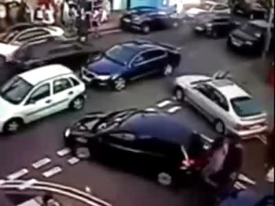 VERY Unlucky Woman Crushed Between Two Cars When They Collide with Each Other