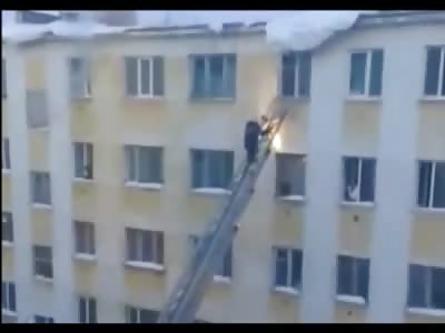 CLOBBERED: Rescue Worker Hit by Huge Chunk of Ice...Falls 3 Stories on Ladder 