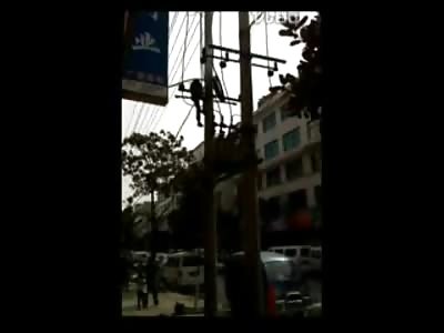 Helpless Worker Man catches on Fire and Dangles from Power Lines