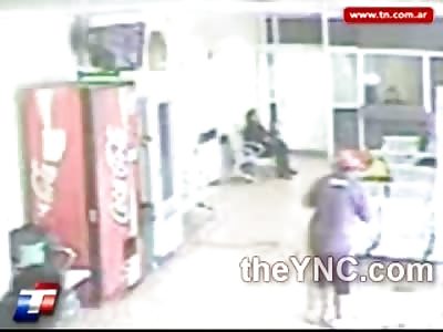 Man in Hospital Waiting Room gets Stabed in the Neck by Attacker (Zoom View, Followed by Regular View)