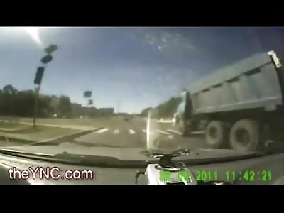 Dump Truck Flies off the Street as Man gets out to check his Car but not the other Driver