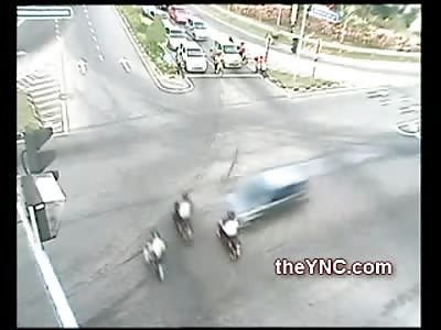 Bowling for Bikers: Man Creams Three Bikers in Crazy Accident