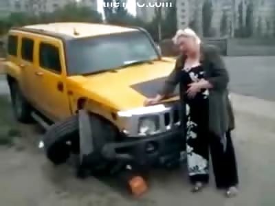 Fat Drunken Woman Crying after Crashing her Yellow Hummer