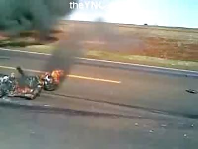 Man on Fire.. Motorcyclist Burns alongside his Blazing Motorbike