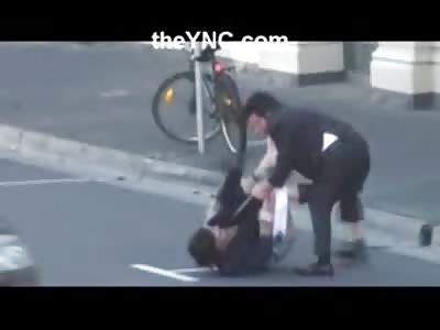 Bad Ass Tranny with Black Panties beats the Hell out of Business Man in the Street LOL