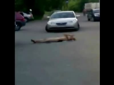 Naked Woman Sunbathing in the Street