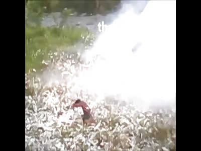 2 Boys Blown by Giant Fire (Another Angle - Moment of the Explosion)