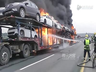 Transport truck carrying 23 cars catches fire on road 
